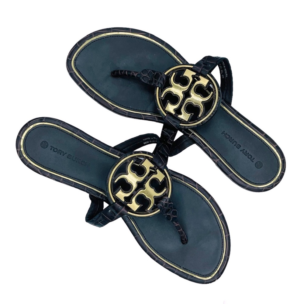 Tory Burch Miller Metal Logo Leather Sandal Croco Embossed Dark Brown 8